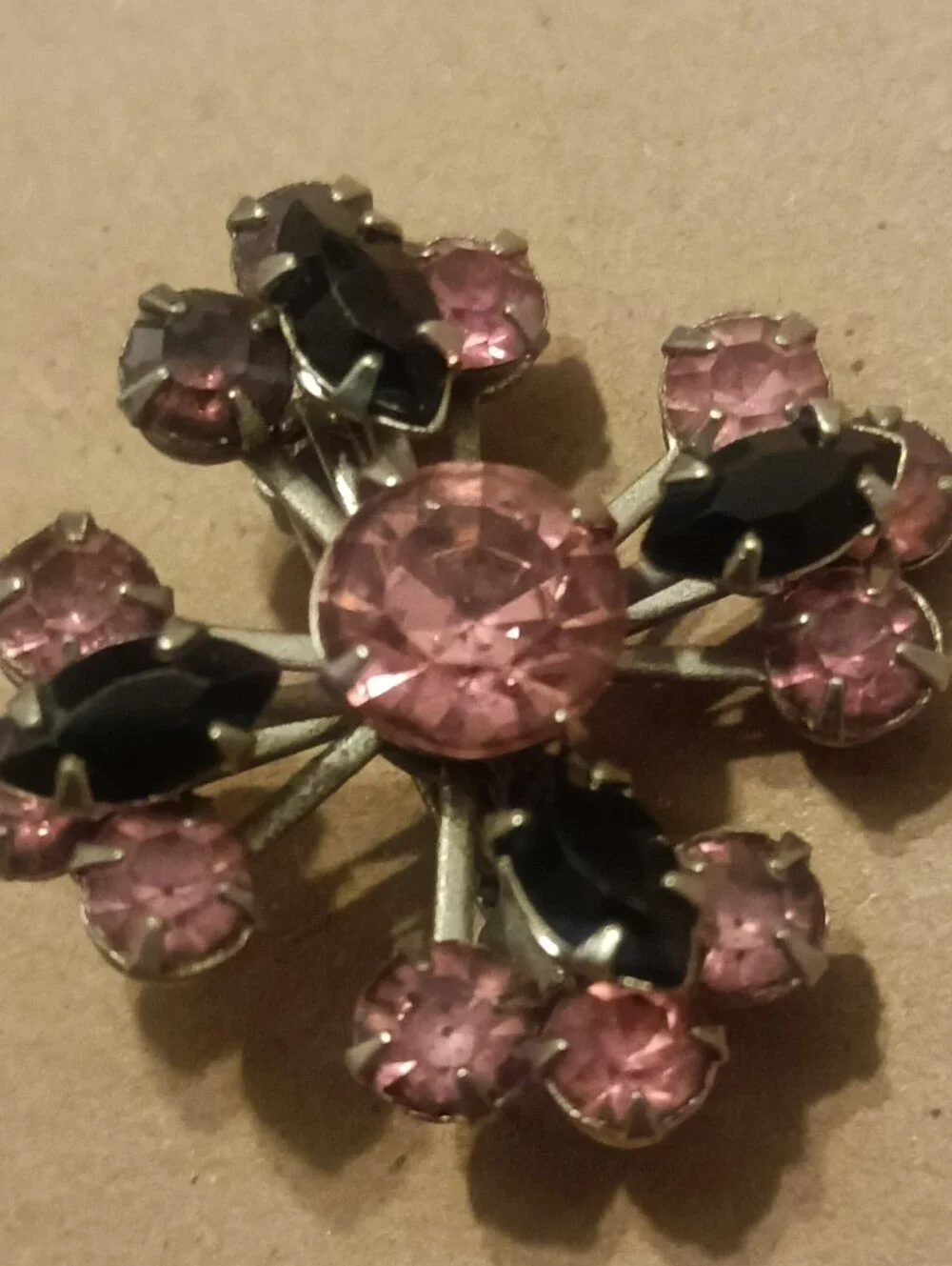Vintage-Inspired Pink and Black Crystal Floral Brooch